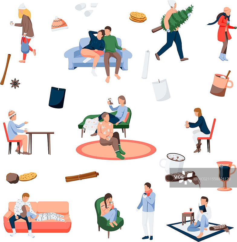 温馨冬季公寓重新着色套件，包含节日圣诞准备的物品和人物的孤立图标矢量插图。圣诞忙碌图标集图片素材