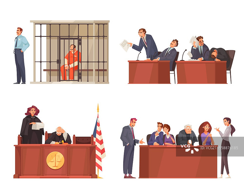 法律公正的构图，包含木制法庭、坐着的法官、陪审团和被关在笼子里的囚犯的矢量插图图片素材