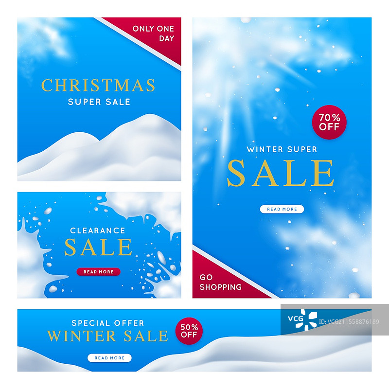 冬季超级促销海报集，背景为蓝色，带有雪花和白雪皑皑的山丘，真实感的独立矢量插图图片素材