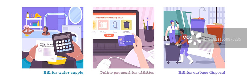 公用事业服务扁平风格的方形构图，人手持有支付义务和信用卡的矢量插图图片素材