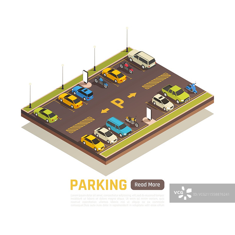 两排垂直的停车位，带有黄色路面标记，适用于汽车、摩托车和滑板车的等距矢量插图图片素材