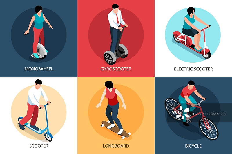 等距生态交通设计概念，带可编辑文本说明和骑乘滑板车及自行车的人物插图图片素材