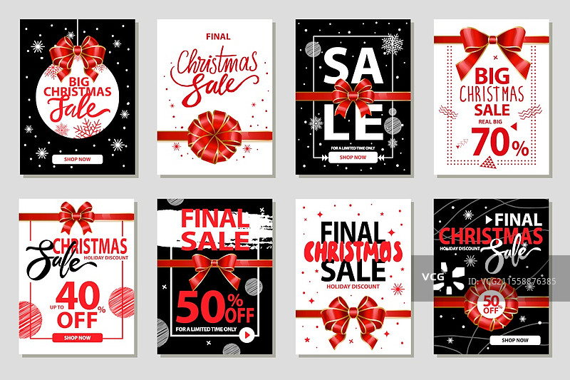 圣诞促销海报套装。价格降低，40%和50%的折扣。带有丝带装饰的横幅。商店和商铺在冬季假期的促销提案矢量图。最终促销圣诞销售和折扣横幅。图片素材