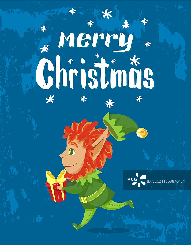 圣诞快乐和新年快乐，海报上的设计标题。穿着绿色服装的男孩手持红色礼盒，准备送给孩子。带有精灵和圣诞老人助手的圣诞贺卡。平面风格的矢量插图。圣诞快乐，精灵与礼物祝贺节日。图片素材