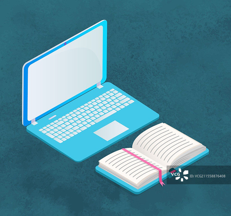 蓝色背景上孤立的笔记本电脑或个人电脑与打开的纸质书。带有屏幕和键盘的设备。硬壳教科书。教育和工作用品。平面风格的矢量插图。用于学习的笔记本电脑和书籍。图片素材