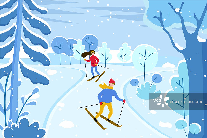 冬季风景与积极生活方式的人们。运动爱好者在寒冷季节户外滑雪。男女在森林中进行极限爱好比赛。平面矢量图。滑雪度假村的滑雪情侣，冬季滑雪者。图片素材