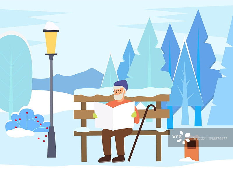 冬季公园里，坐在雪-covered长椅上的老年人，手里拿着报纸。戴眼镜的男性角色在户外阅读报纸。老人在雪花飘落的天气中，走在松树附近。爷爷在冬季公园里阅读报纸的插图。图片素材