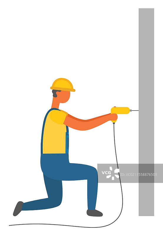 修理工矢量图，独立角色与钻机和墙壁。穿着保护头盔的男性手工艺人，手持特殊工具。工人在施工中使用钻机。图片素材
