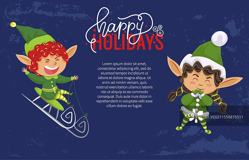 圣诞节假期横幅，精灵或圣诞老人助手，滑雪和欢笑。节日快乐祝福，圣诞问候，穿着绿色服装的男孩和女孩。小矮人，冬季魔法生物矢量插图。精灵滑雪和欢笑，圣诞横幅。图片素材