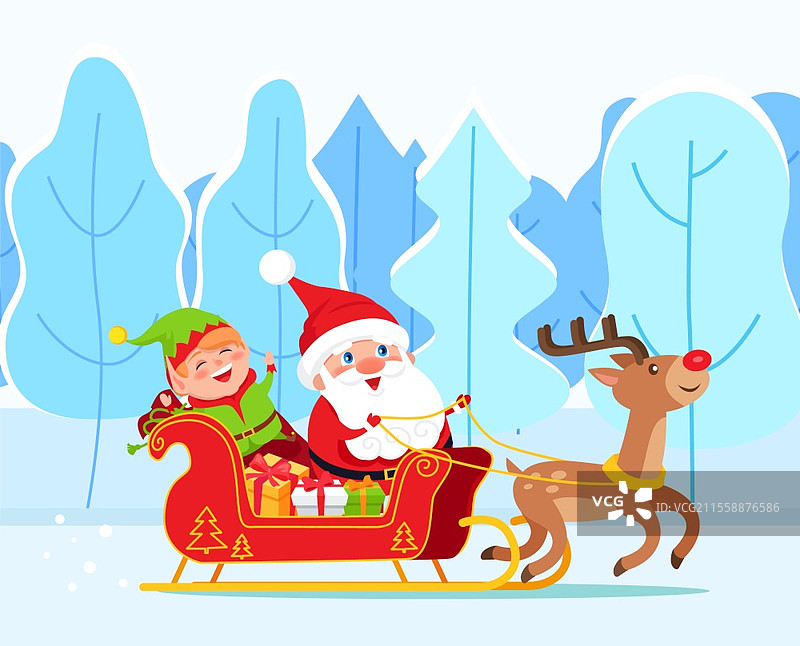 圣诞老人驾着驯鹿雪橇，精灵坐在雪橇上，旁边有礼物盒。十二月的圣诞时光，传统的节日角色。拉普兰的雪景，树木覆盖着白雪。扁平风格的矢量插图，圣诞老人和精灵骑雪橇，圣诞时光。图片素材
