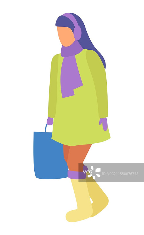 手提包的女性独自在小路上行走。棕发女子在寒冷的冬季或秋季漫步。穿着温暖衣物的孤独人物，如围巾、大衣、护颈和靴子。矢量插图。穿着温暖衣物和手提包的女性独自行走。图片素材