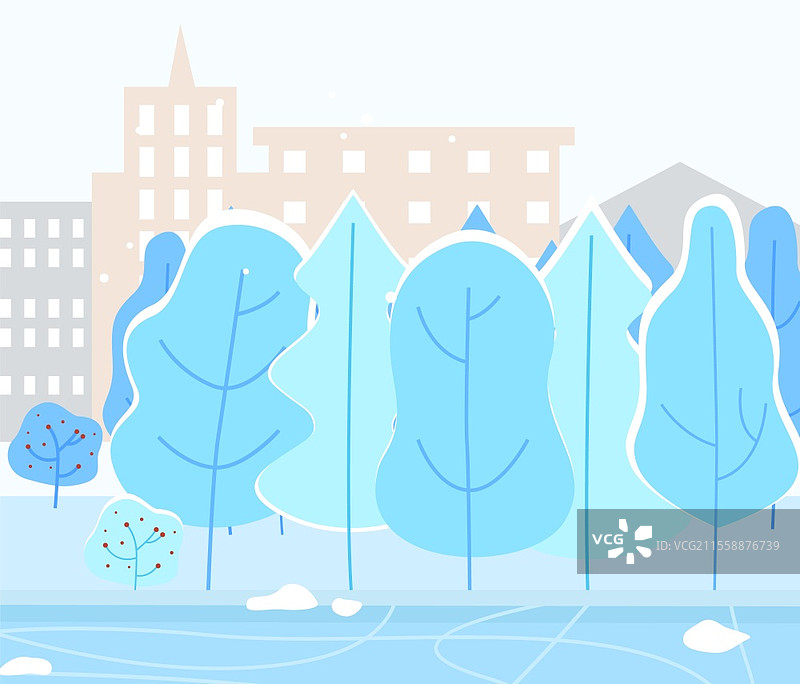 雪-covered的城镇或村庄，带有城市公园。草坪上的树木被雪覆盖，冬季风景。背景中有建筑物的城市景观，美丽的风景。平面风格的冬季插图。雪-covered的城市公园，城镇的冬季天气。图片素材