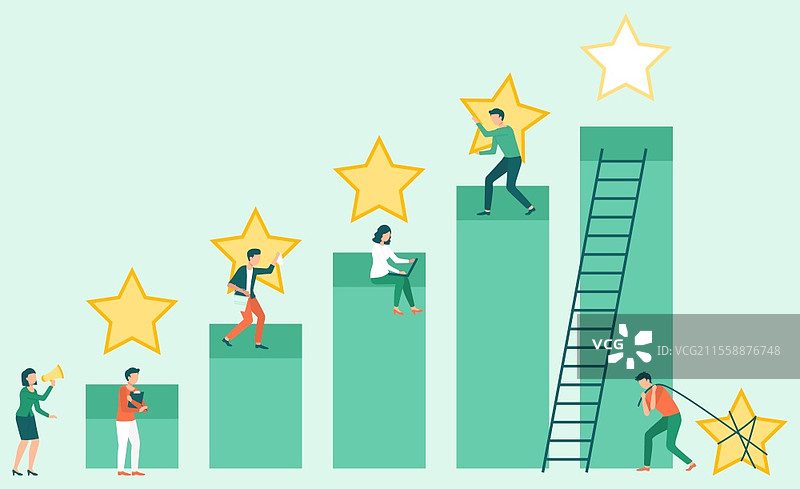 团队合作成功，为企业获得最佳服务。男女员工在工作，星形符号，员工声誉，人与人之间的上升阶梯，质量标志矢量图。工人商业服务，质量符号矢量图。图片素材