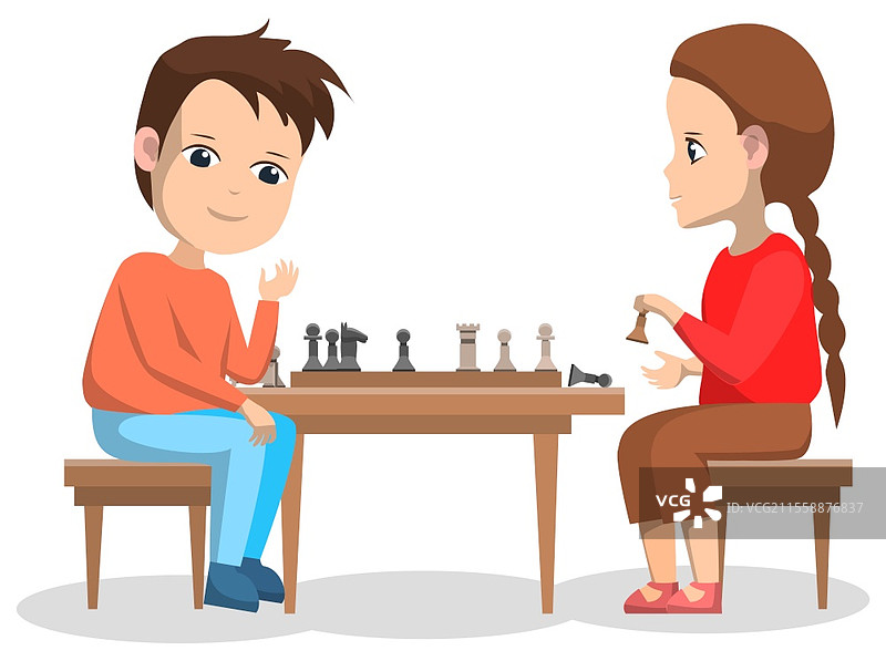学生们在棋盘旁玩棋子的矢量图，孤立的男孩和女孩坐在游戏桌旁移动棋子。返校概念的平面卡通儿童，智力玩家。聪明的学生同学在比赛中。孩子们的爱好，男孩和女孩下棋。图片素材