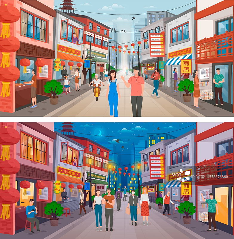 中国的城市街道上的行人。道路、建筑物上挂着传统的灯笼和节日装饰。春节庆祝活动，亚洲城市风景，白天和夜晚的东方天际线，矢量图。中国的城市街道系列，游客在中国。图片素材