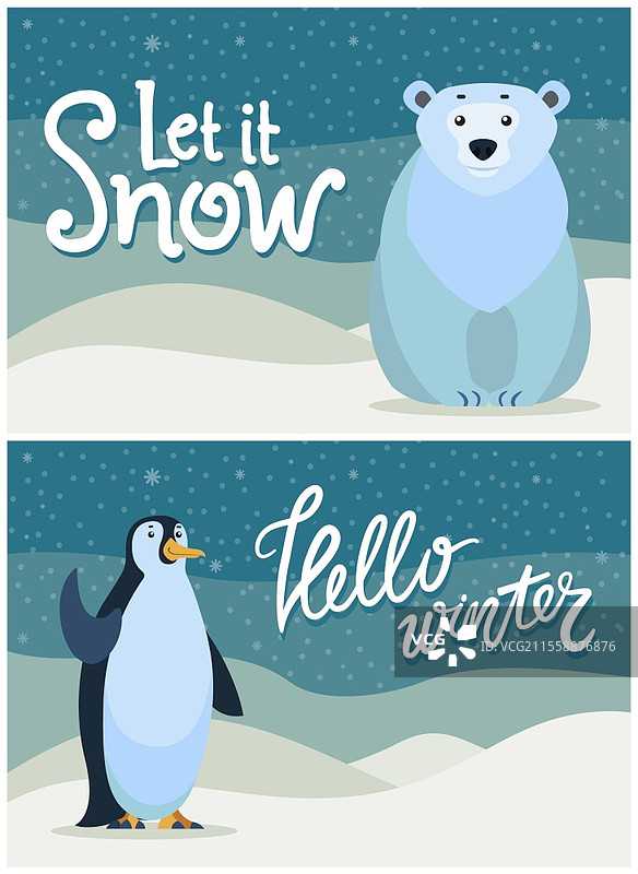 让它下雪，冬季问候明信片，装饰有熊和企鹅角色。卡片上有问候字母和飘雪的天气。海报展示了在雪地上野生动物和哺乳动物的矢量图。冬季问候明信片 熊和企鹅矢量图。图片素材