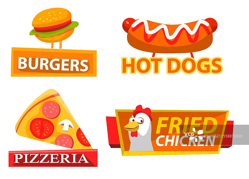汉堡和热狗，披萨店和炸鸡的标志。汉堡和披萨符号，带有母鸡的标签。白色背景上的咖啡馆或餐厅标志，配有香肠和番茄酱的小吃，快餐菜单，午餐矢量图。快餐标签，汉堡和鸡肉标志矢量图。图片素材