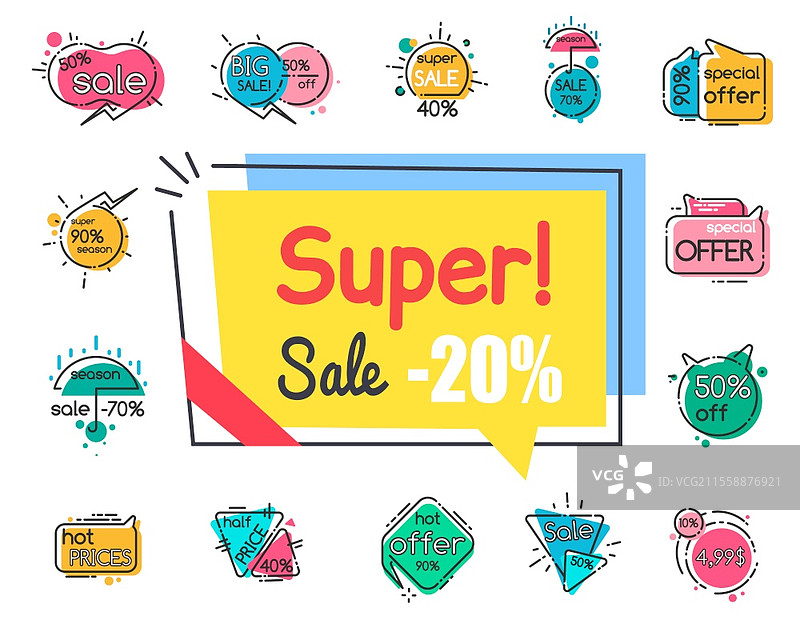 促销横幅合集，超级特卖20%折扣。商店或市场的提议。独家优惠，季节性清仓和折扣。孤立的线条风格图标集，平面矢量图。超级特卖20%折扣，低价促销横幅。图片素材