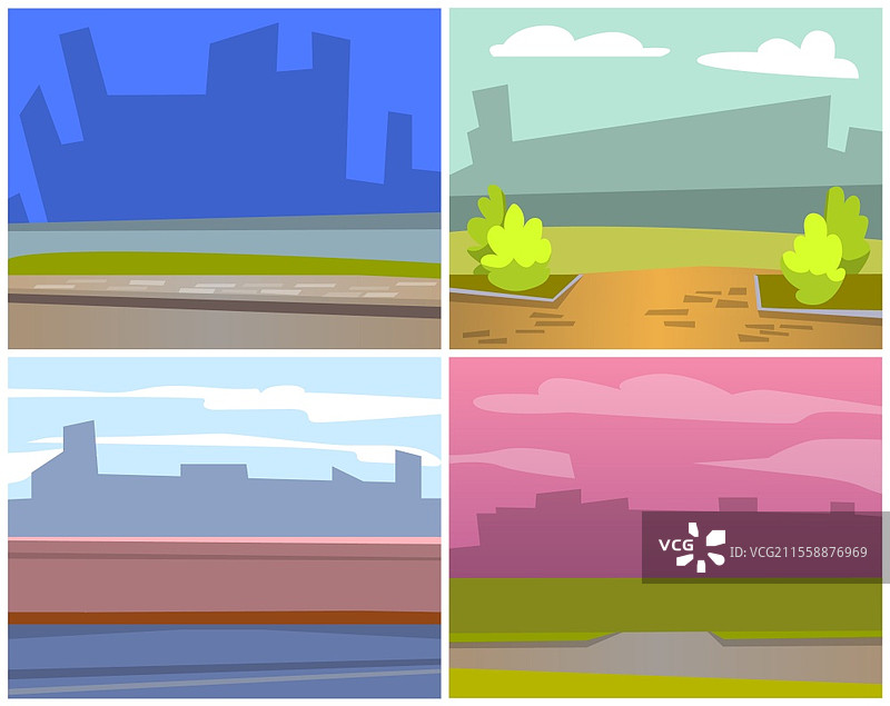 自然风景背景的卡片，城市建筑轮廓。摩天大楼的阴影，沥青人行道，城镇中的绿色自然。咖啡馆或餐厅的矢量空间，设计的空白区域。城市中的餐厅空间，摩天大楼视图矢量。图片素材