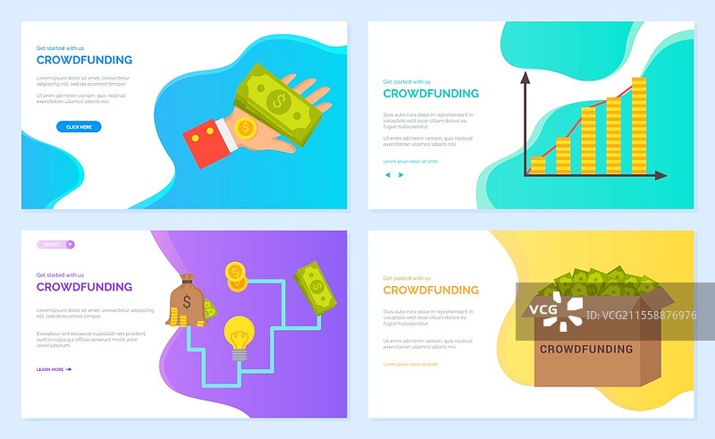 众筹矢量图，包含有关商业的信息图表，装有钞票的盒子和手持现金的美金。硬币和袋子。网站或网页模板，扁平风格的着陆页。众筹资金和信息图表网站套件。图片素材