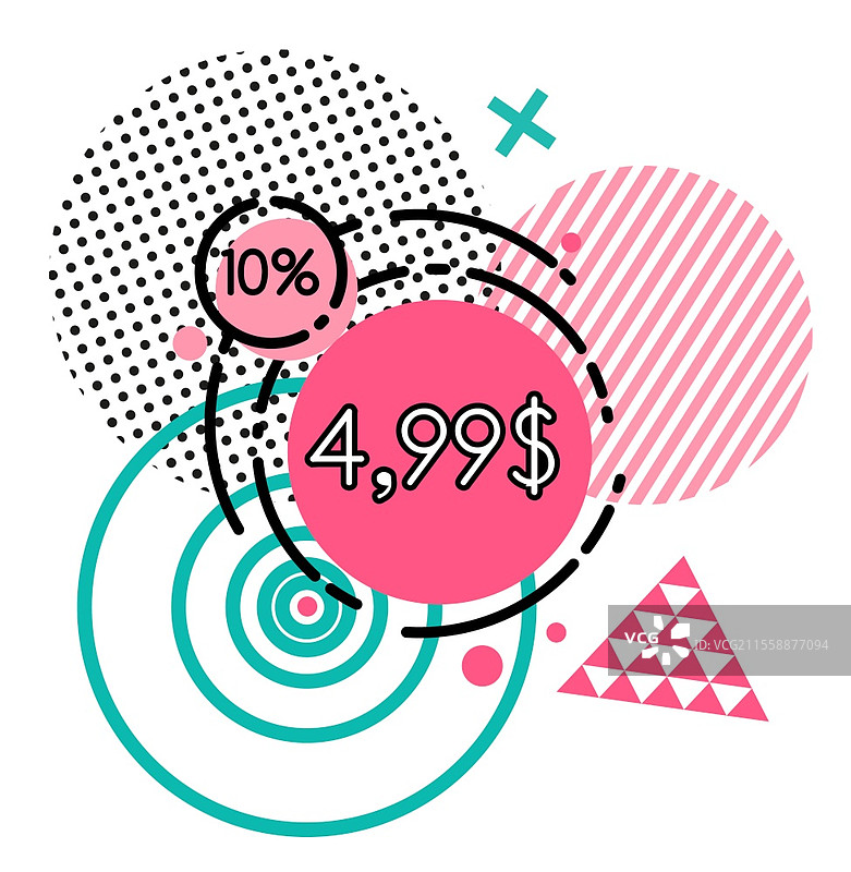 购物明信片，特价促销和10%折扣。商业广告海报，白色背景上的几何气泡和图案。假日零售优惠券，带圆形符号的矢量图。价格和折扣海报，带图案的矢量图。图片素材