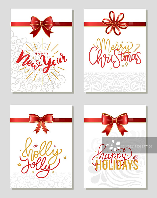 圣诞节和新年庆祝活动的装饰性贺卡套装。带有书法铭文和丝带蝴蝶结的创意明信片模板。冬季节日问候。庆祝平安夜的矢量图。圣诞快乐和新年快乐贺卡。图片素材