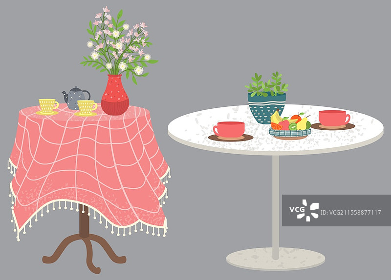摆满茶壶、杯子和红色花瓶的餐桌。厨房家具。餐具和餐具。装有各种水果的盘子，甜美的家居矢量插图。带有杯子、餐具和花卉的桌子设置矢量图。图片素材