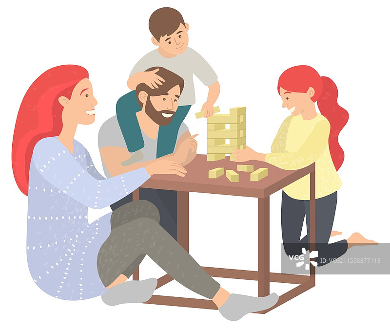 父母与孩子在家中玩积木游戏的矢量图，孤立的家庭一起享受欢乐时光。家庭在晚上玩积木游戏，游戏参与者。图片素材