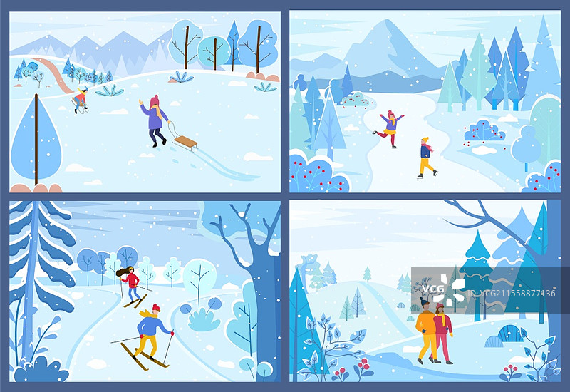 角色们在户外度过周末的冬季活动。男女在滑雪比赛中竞争。情侣在森林中散步。孩子在公园里拉雪橇。树林中的儿童滑冰，矢量图。滑雪和花样滑冰，冬季运动活动。图片素材