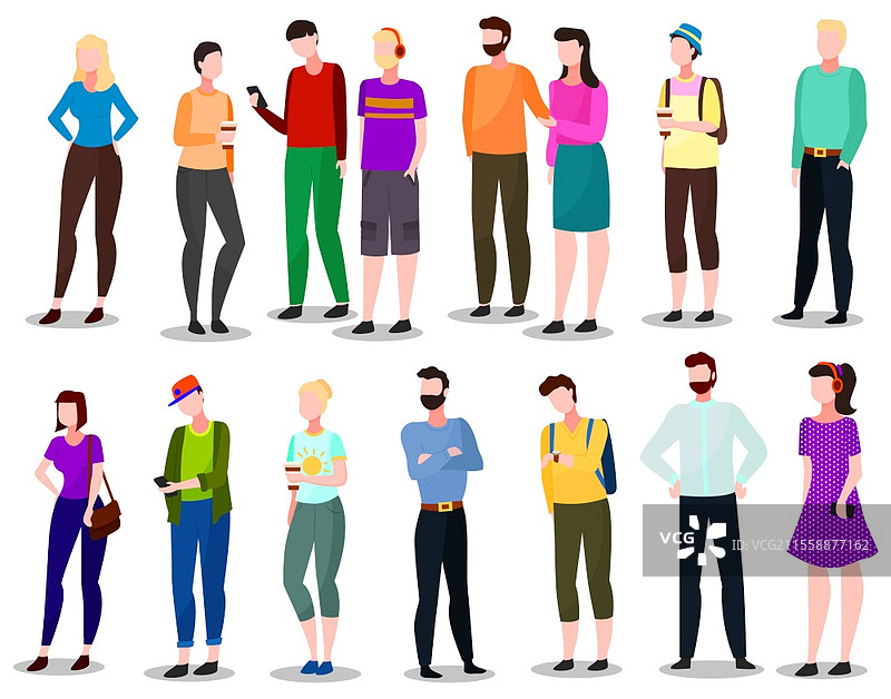 不同年龄和职业的人群矢量图。不同年龄和职业的角色独立展示。青少年通过智能手机上网聊天，商人和女性。成对的成年人扁平风格插图。不同年龄和职业的人物集合矢量图。图片素材