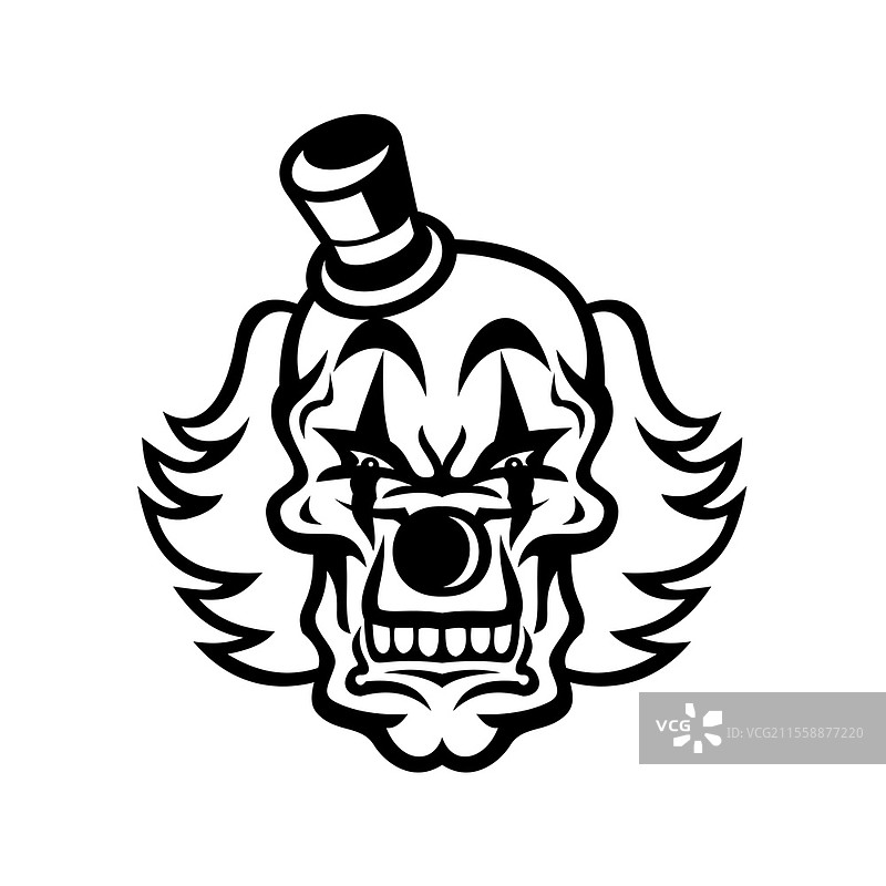 恐怖邪恶的白脸小丑骷髅正面视图吉祥物黑白插图，红色头发，戴着小礼帽，背景为复古风格。图片素材