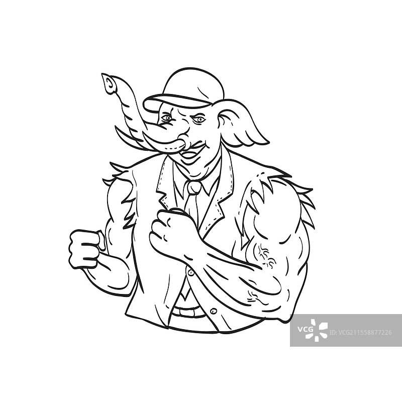 穿着破旧西装外套、戴着棒球帽的象准备好进行拳击的线条艺术插图，黑白单线风格。图片素材