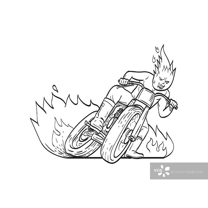 摩托车手火球头驾驶摩托车平坦赛道赛车的线条艺术插图，采用单线风格，黑白色调。图片素材