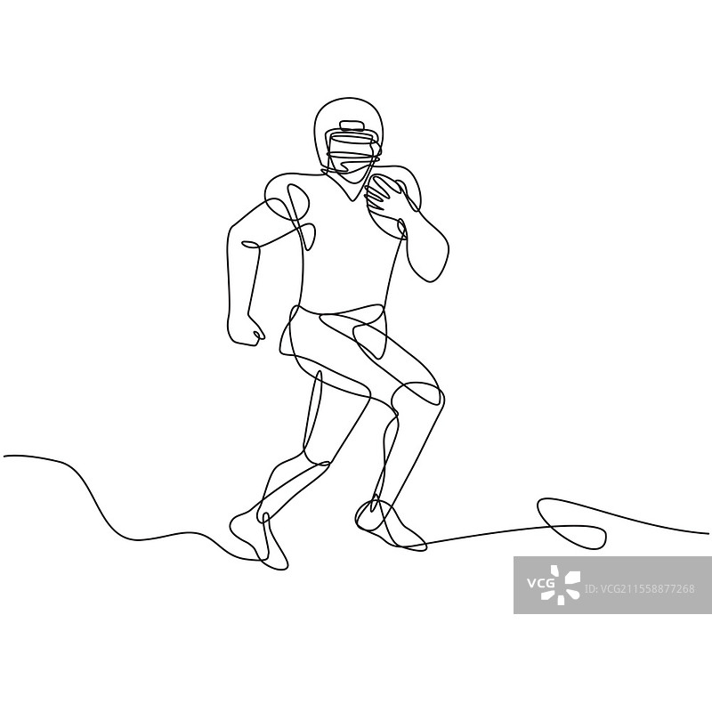 美式足球跑卫、外接手、四分卫或紧端锋持球奔跑的连续线条素描插图。图片素材