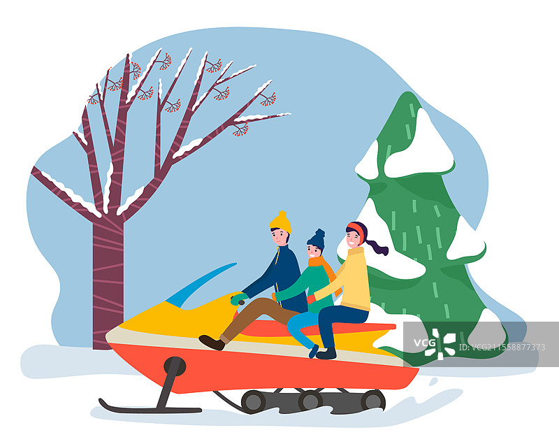 家庭在户外享受乐趣，母亲、父亲和孩子的冬季假期。人们骑着雪地摩托穿过雪地，经过森林中的松树。骑雪地摩托的夫妻和孩子。积极的生活方式插图。家庭在冬季假期骑雪地摩托。图片素材