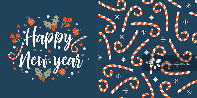 新年快乐。问候矢量卡。无缝图案。蓝色背景上的条纹棒棒糖。新年贺卡，矢量插图。节日圣诞装饰品套装。图片素材