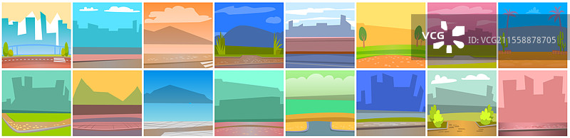 自然风景背景的卡片，城市建筑轮廓的剪影。摩天大楼的阴影，沥青人行道，城镇中的绿色自然。咖啡馆或餐厅的矢量位置，设计的空白空间。城市中的餐厅空间，摩天大楼视图矢量。图片素材