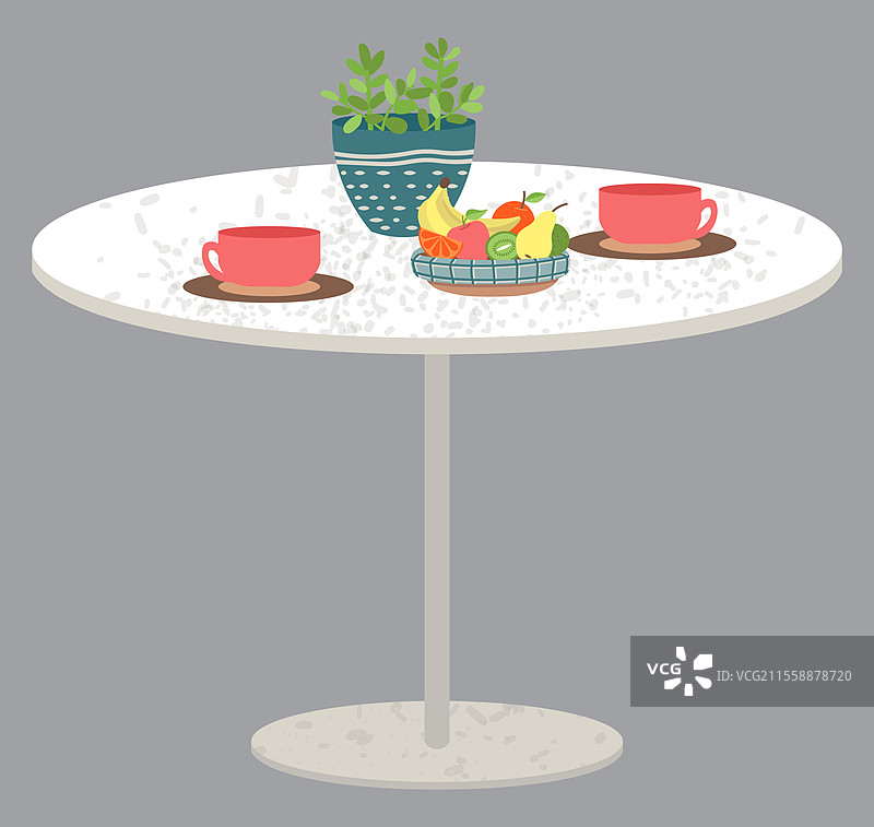 桌子上摆放着食物的矢量图，孤立的圆形桌子上有碗和水果、杯子以及室内植物。香蕉和苹果、梨以及倒入杯中的饮料。桌面干净，碗里盛着水果餐点。图片素材