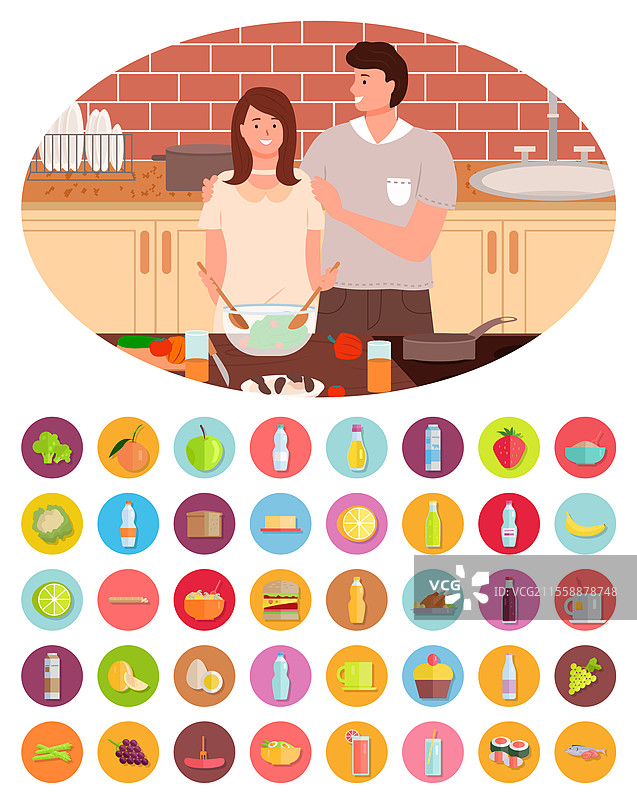 在家厨房里做饭的人，男女情侣一起准备食物。父亲教女儿制作菜肴和烘焙。烹饪菜肴的食材、蔬菜和水果的集合，矢量图。情侣在厨房里做饭，父亲和女儿。图片素材