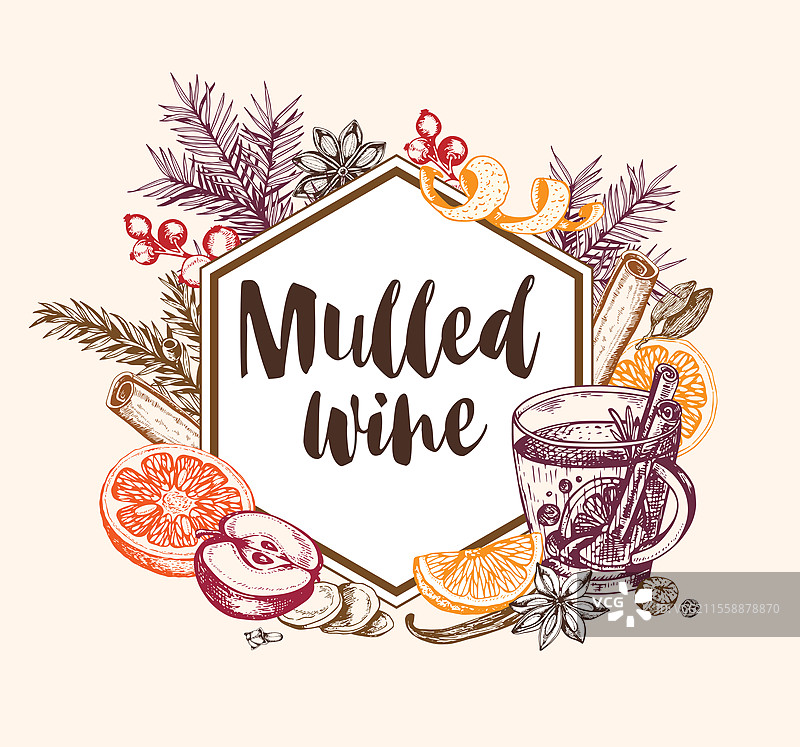 复古手绘背景，包含热红酒和香料。传统的圣诞食品和饮品。图片素材