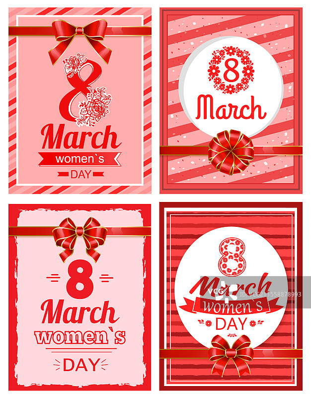 国际妇女节庆祝活动，红色贺卡套装。春季节日祝贺。3月8日祝贺，装饰有丝带和条纹的明信片模板，矢量图。国际妇女节，贺卡矢量图。图片素材