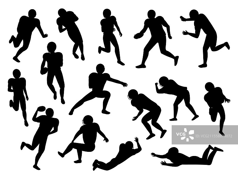 一组团队运动剪影角色。美国橄榄球运动员的集合。运动员奔跑、摔倒和滚球。孤立的运动员在进行美国传统比赛。平面矢量图。美国橄榄球运动员剪影美式橄榄球系列。图片素材