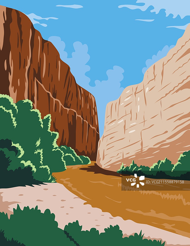 大弯国家公园的WPA海报艺术，位于美国德克萨斯州奇瓦瓦沙漠的里奥格兰德河大弯，采用工作项目管理或联邦艺术项目风格。图片素材