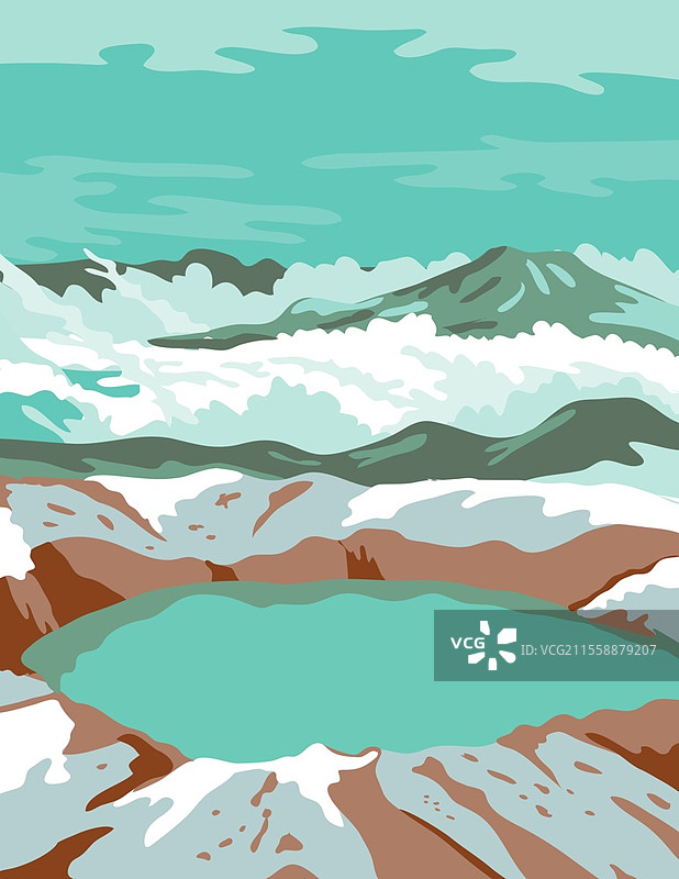 阿拉斯加州卡特迈国家公园和保护区的WPA海报艺术，展示了卡特迈山的峰顶火山口湖，采用了联邦艺术项目风格。图片素材