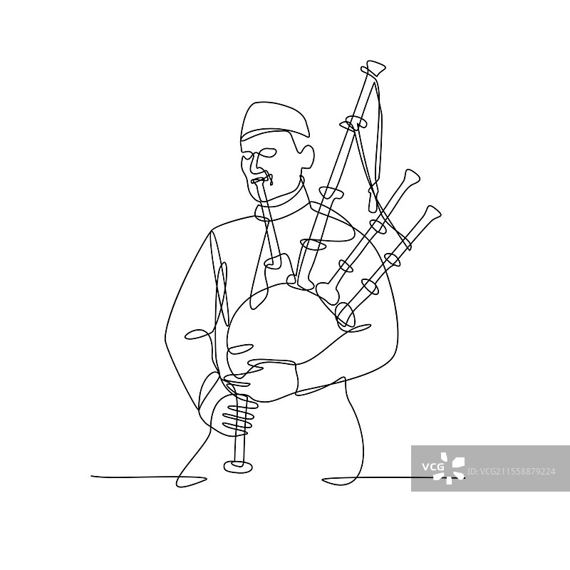苏格兰风笛手演奏风笛的连续线条绘图插图，正面视图，采用素描或涂鸦风格，黑白色调。图片素材