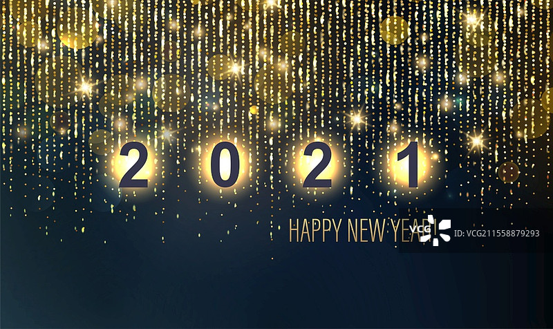 2021年新年抽象闪亮金色设计元素和黑暗背景上的闪光效果。适用于日历和海报设计。2021年新年抽象闪亮金色奢华背景。图片素材