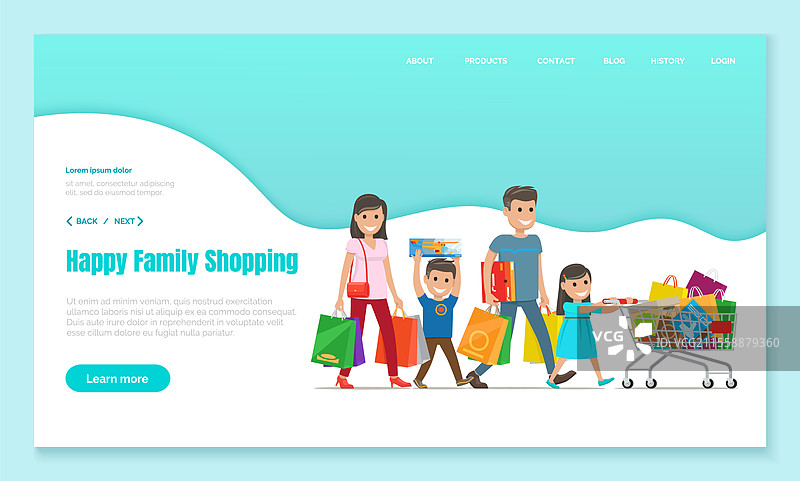家庭购物，父母提着购物袋，儿子拿着盒子，女儿推着购物车，网页插图。购买和礼物，节日促销。父母和孩子在商场的插图。购物网页，家庭与购物袋。图片素材