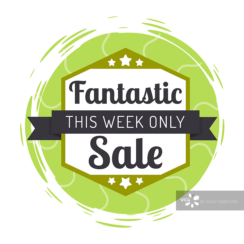 本周限时特卖，带星形符号的促销。绿色圆形徽章，带有丝带，背景为白色。季节性购物元素促销图标。商业广告圆形标签矢量图。本周特卖标志与丝带矢量图。图片素材