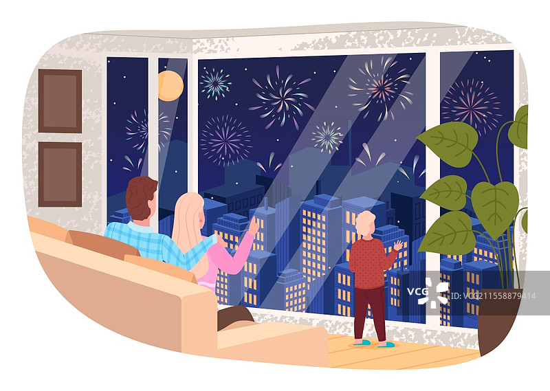 父母坐在沙发上，孩子站在窗边看夜空中的烟花。傍晚的城市景观。人们庆祝节日。角色在家中共度时光，扁平化矢量图。家庭在窗外欣赏烟花的矢量图。图片素材