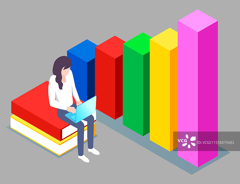 坐在书本上的女性，旁边是五彩斑斓的数据图表。经理和金融专家正在笔记本电脑上工作并输入信息。关于公司的分析和财务报告的信息图。矢量插图，等距风格。女性在笔记本电脑上工作，数据和分析图表。图片素材
